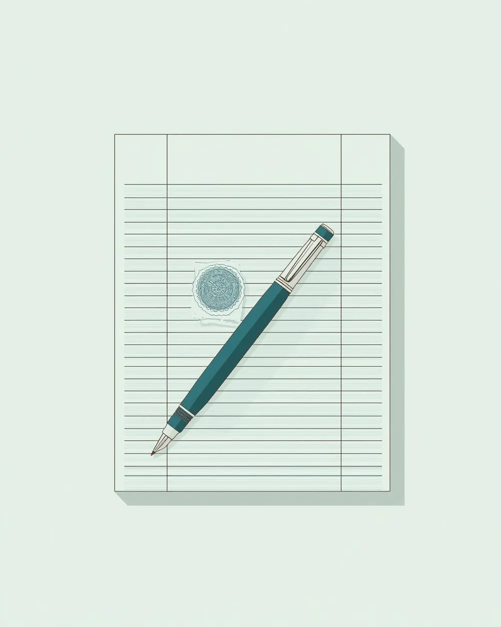 A stamped correction slip and a fountain pen over a ledger, in pine-green and note-blue on security paper, echoing the receipt motif.