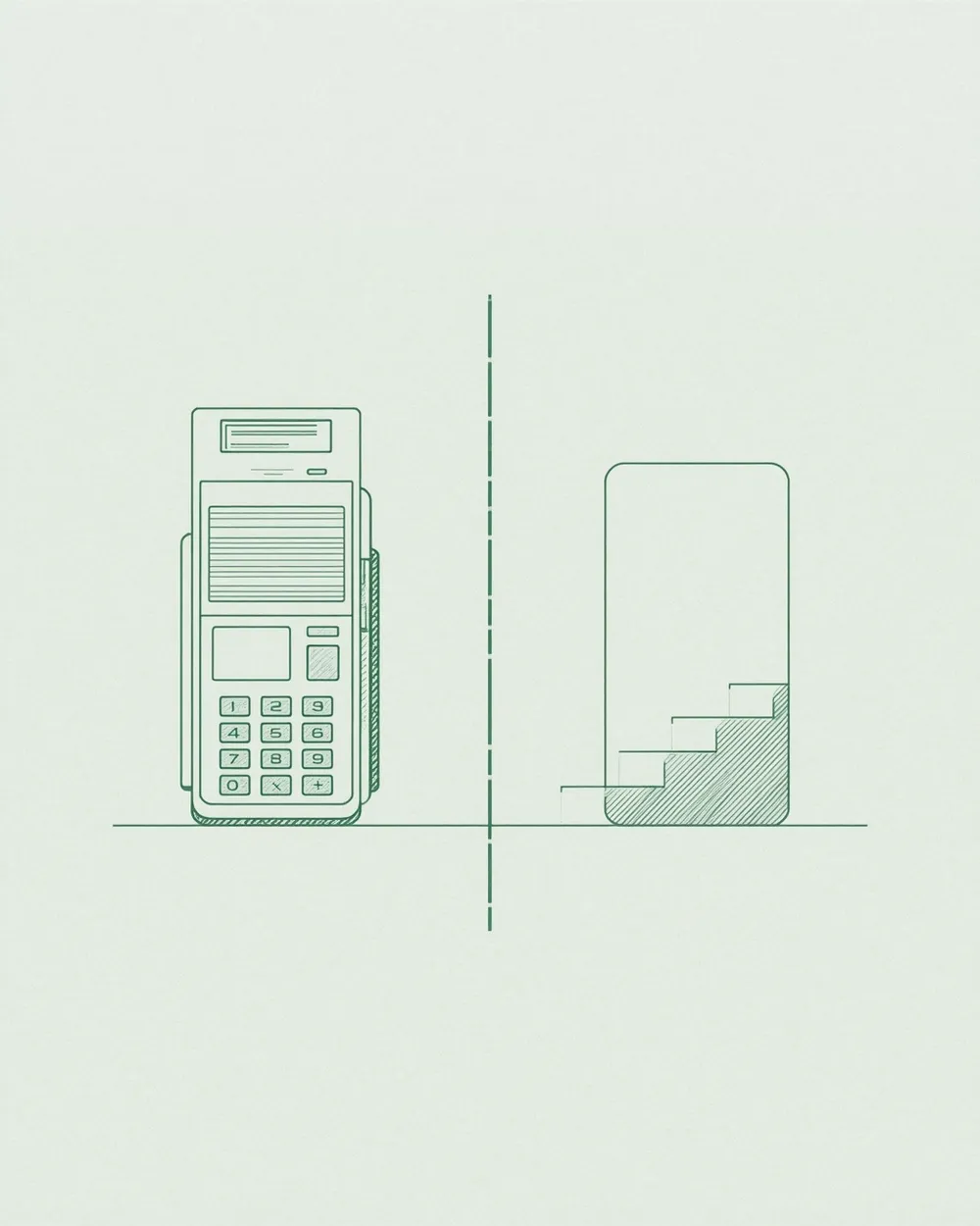 iKhokha: A counter-top card machine and a checkout page sharing one settlement rail, with a stepped rate ladder drawn as engraved terraces beside it. Pine-green and note-blue on security paper.