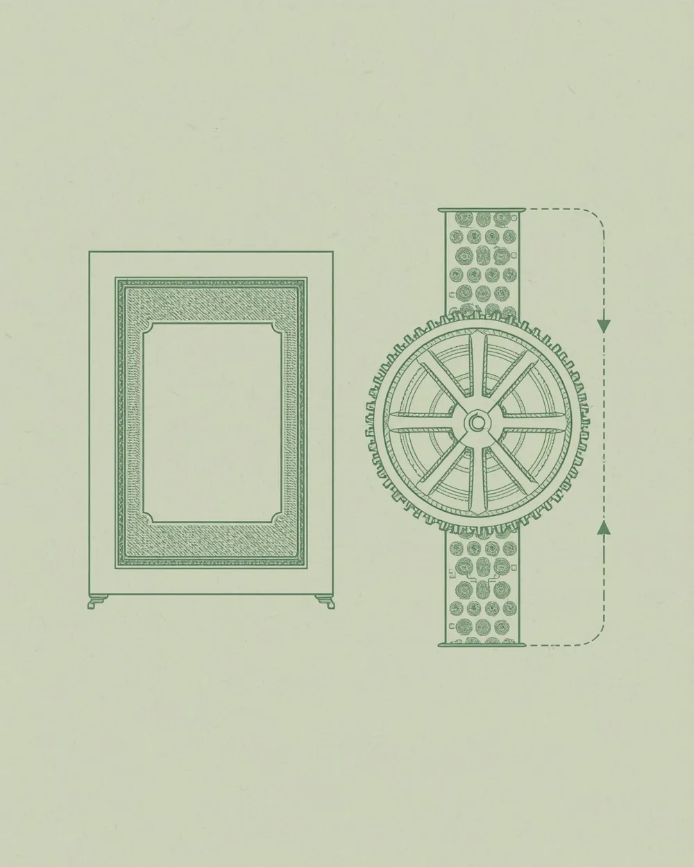 Peach Payments: A tokenised card held in a vault glyph, with a repeating monthly charge drawn as a rotating ledger wheel stamping identical amounts. Pine-green and note-blue on security paper.