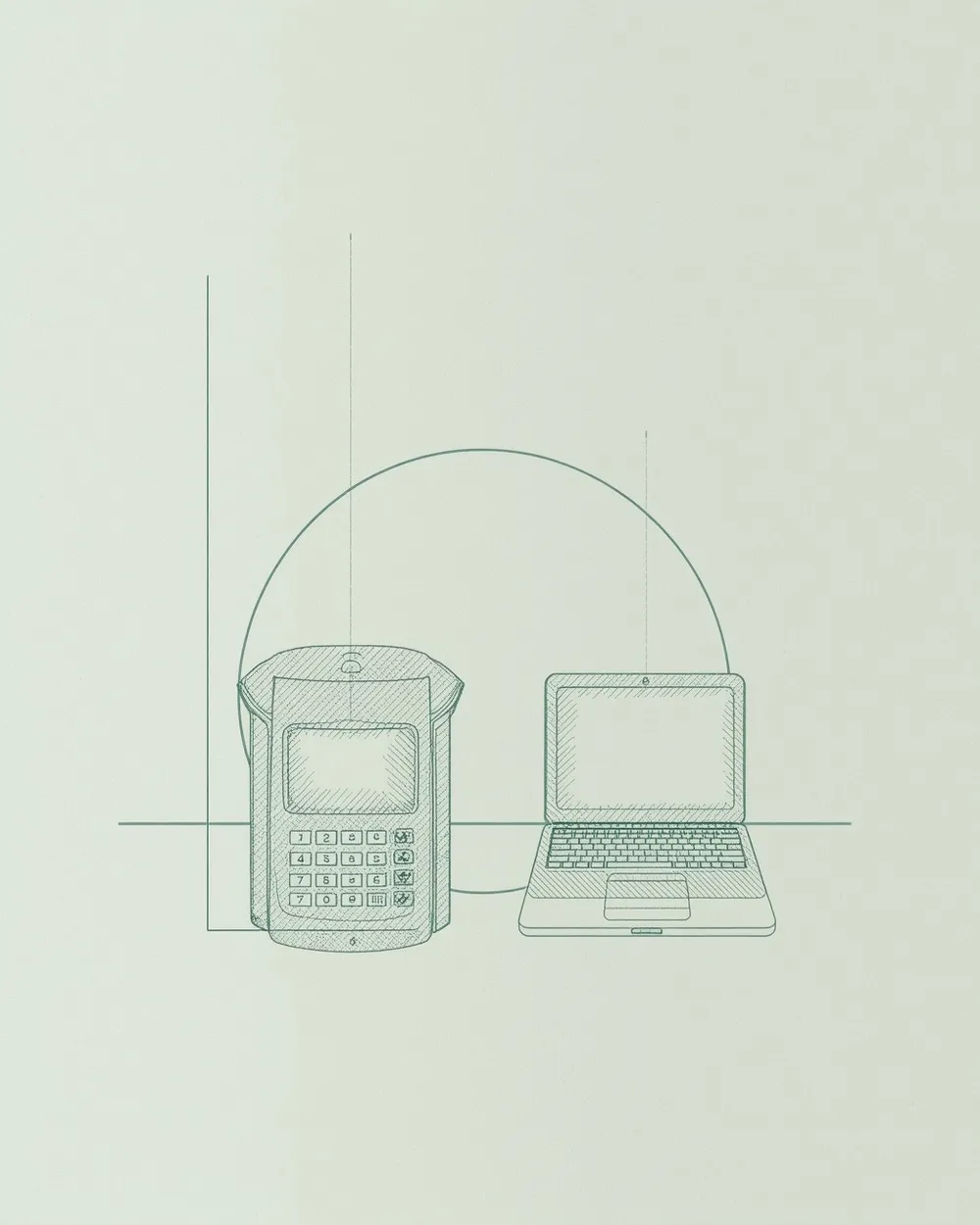 Yoco: A card machine and a laptop checkout sharing one settlement ledger line, with the R50,000 volume step drawn as a notch in the rate curve. Pine-green and note-blue on security paper.